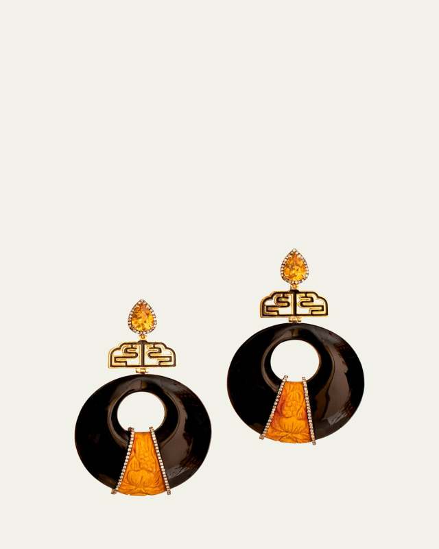 18K Yellow Gold Black Lacquer, Diamond and Citrine Earrings